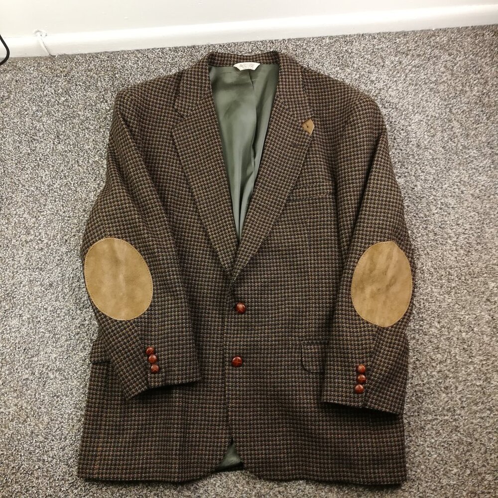 Vintage Stuart Hughes Tweed Wool Sport Coat Houndstooth Checked Suede Elbows 50L